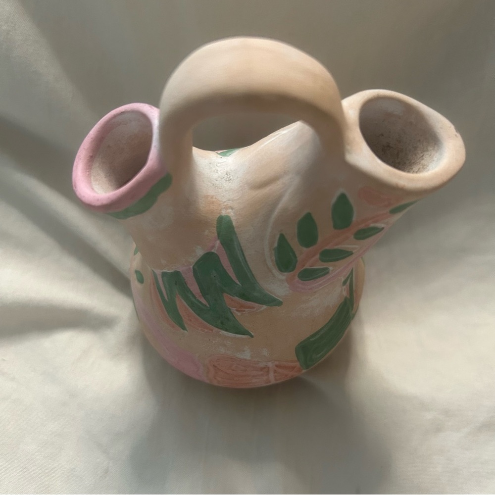 Handcrafted Southwestern Ceramic Painted  Vase with Pink and Green Accents